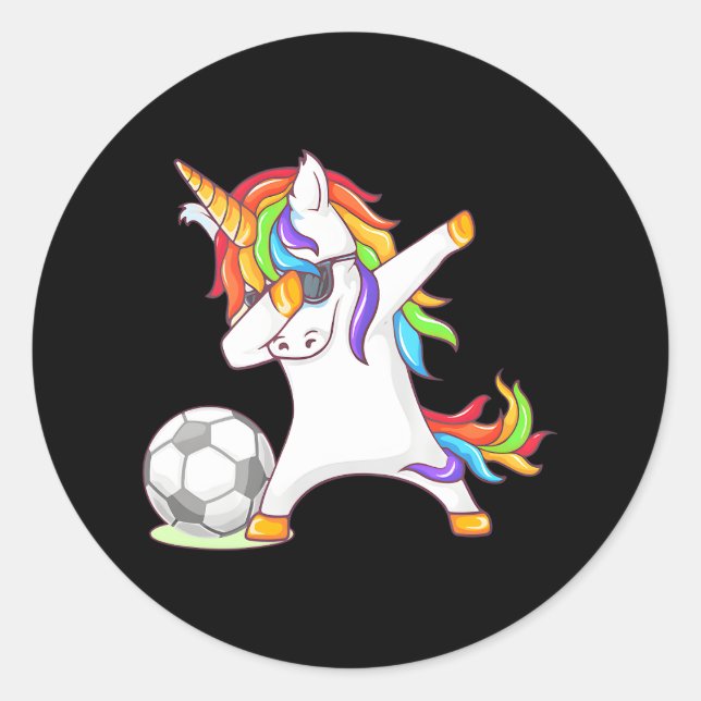 Hilarious Dabbing Unicorn Kicking a Soccer Ball Classic Round Sticker (Front)