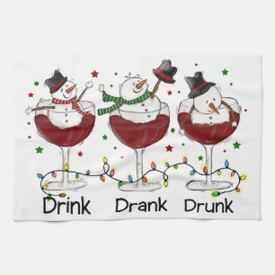 Hilarious “Drink, Drank, Drunk” Snowman and Wine  Kitchen Towel