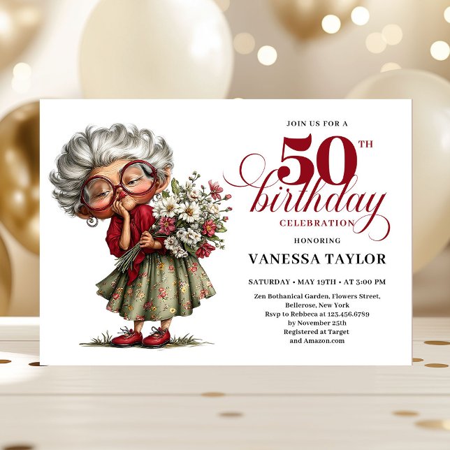Hilarious fifty birthday lady quirky celebration invitation (Hilarious fifty birthday lady quirky celebration)
