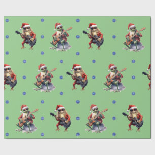 Hilarious Frog Rock Band Christmas on Green Wrapping Paper