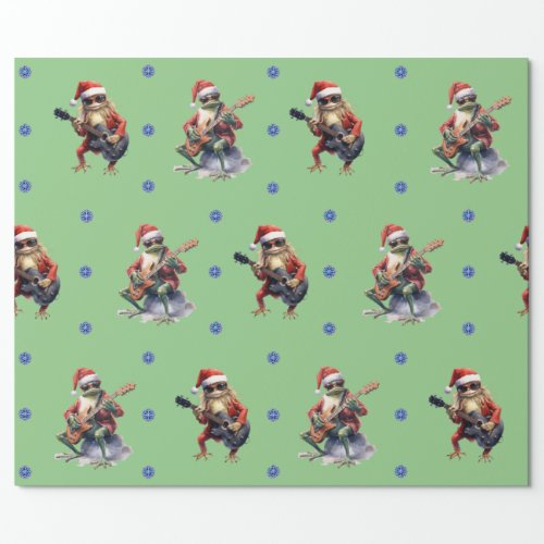 Hilarious Frog Rock Band Christmas on Green Wrapping Paper