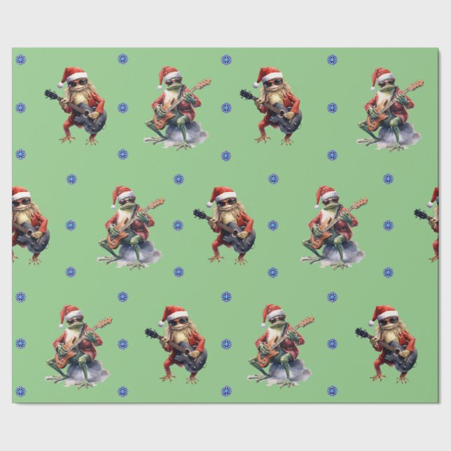 Hilarious Frog Rock Band Christmas on Green Wrapping Paper (Seam)