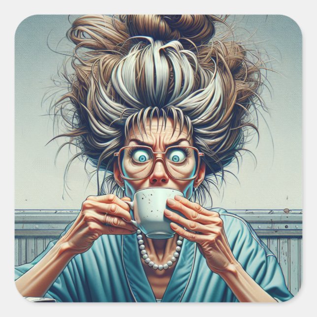 Hilarious Lady with Messy Bun and Coffee Square Sticker (Front)