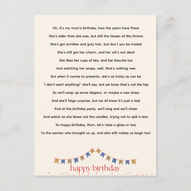 Hilarious Mum Birthday Poem Postcard (Front)
