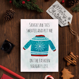 Hilarious Naughty List Blue Ugly Christmas Sweater Holiday Card