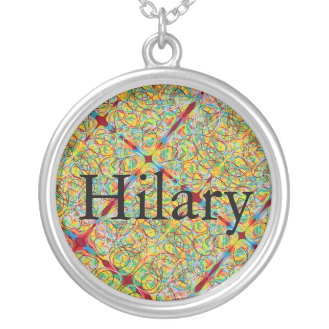 Hilary name with abstract art background silver plated necklace (Front)