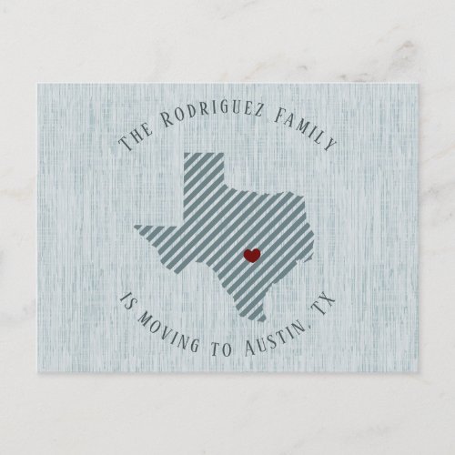 Hill Country Blue Linen and Heart Texas Moving Announcement Postcard