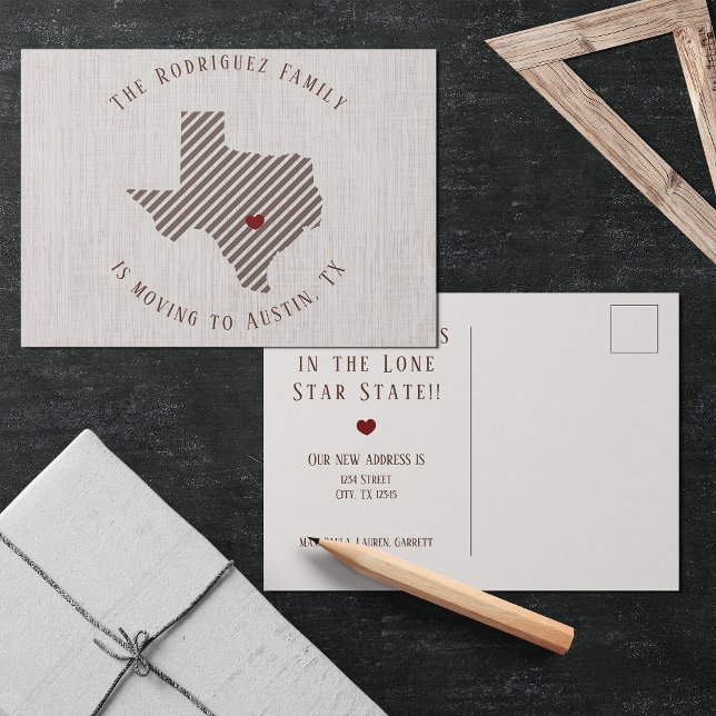 Hill Country Brown Linen and Heart Texas Moving Announcement Postcard (Creator Uploaded)