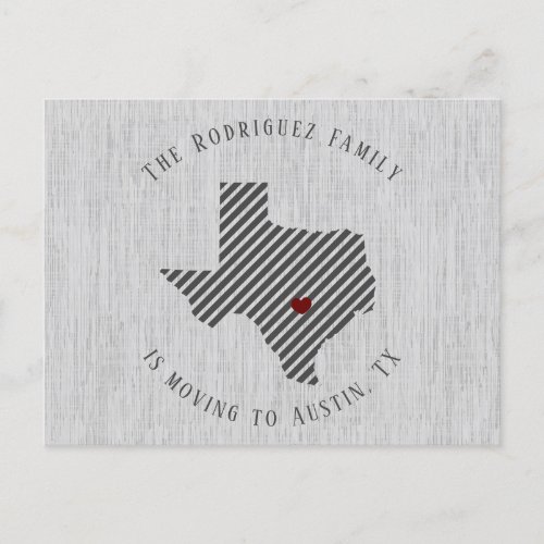 Hill Country Gray Linen and Heart Texas Moving Announcement Postcard