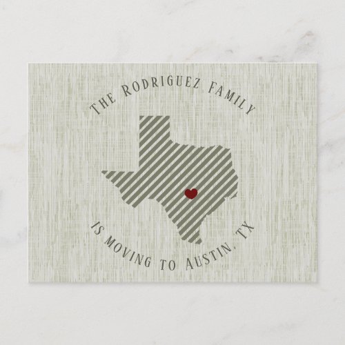 Hill Country Green Linen and Heart Texas Moving Announcement Postcard