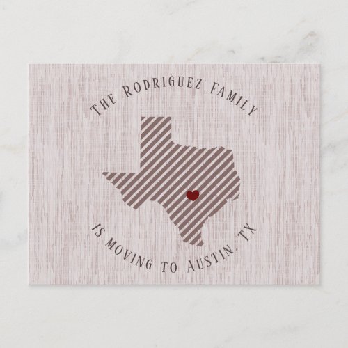 Hill Country Rose Linen and Heart Texas Moving Announcement Postcard