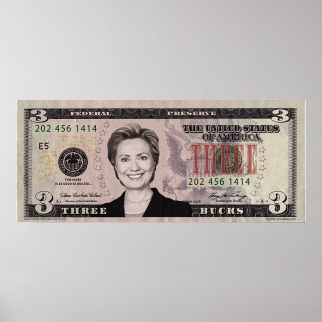Hillary Clinton $3 Bill Poster (Front)