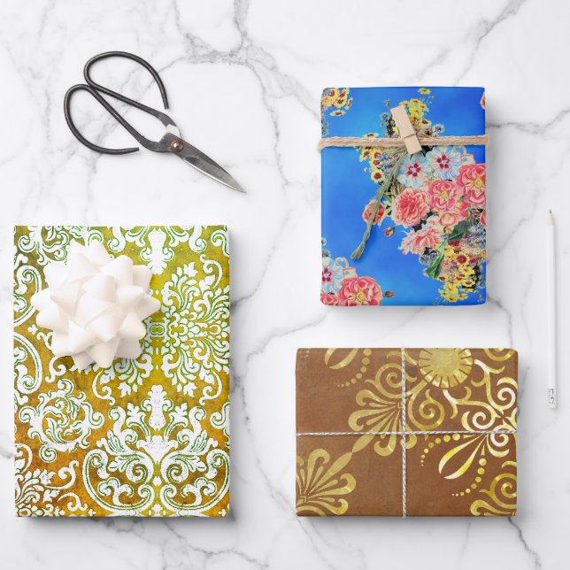 Hillrose Gold, Woodbury & Floral Sampler Wrapping Paper Sheets (Front)