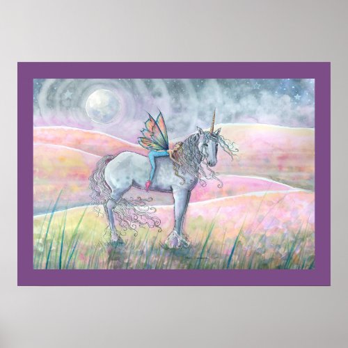 Hills of Enchantment Unicorn and Fairy Fantasy Art Poster