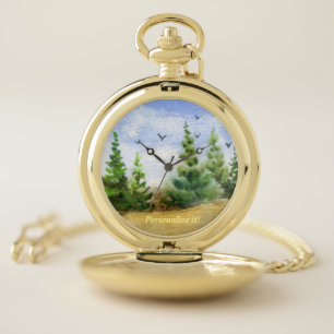 Hills, sky, pines, birds landscape sunset colors pocket watch