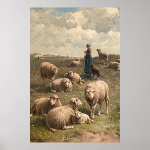 Hillside Landscape with Sheep and Shepherdess Poster