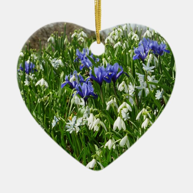 Hillside of Early Spring Flowers Landscape Ceramic Ornament (Front)