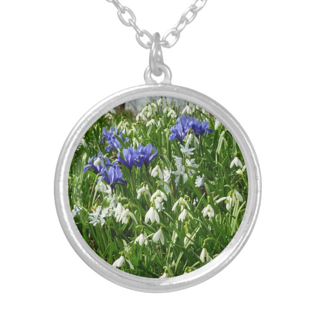 Hillside of Early Spring Flowers Landscape Silver Plated Necklace (Front)