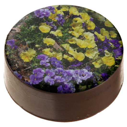 Hillside of Purple and Yellow Pansies Chocolate Dipped Oreo (Angled)