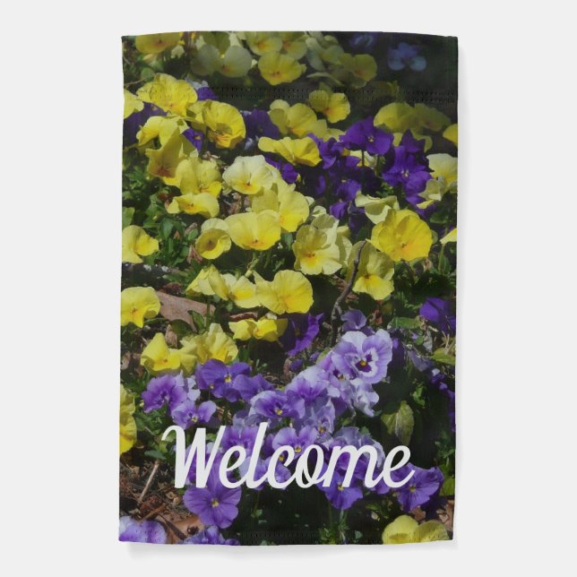 Hillside of Purple and Yellow Pansies Garden Flag (Front)