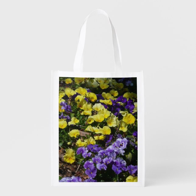 Hillside of Purple and Yellow Pansies Reusable Grocery Bag (Front)