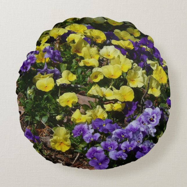 Hillside of Purple and Yellow Pansies Round Pillow (Front)