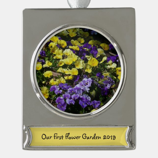 Hillside of Purple and Yellow Pansies Silver Plated Banner Ornament (Front)
