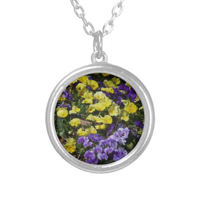 Hillside of Purple and Yellow Pansies Silver Plated Necklace (Front)