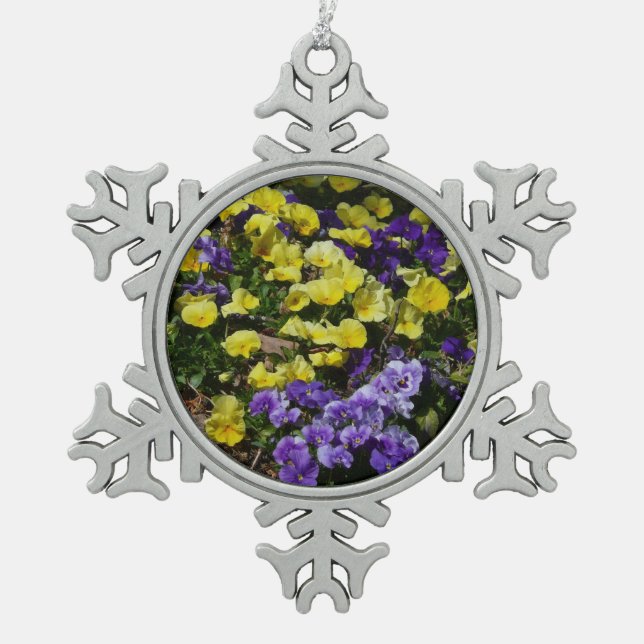 Hillside of Purple and Yellow Pansies Snowflake Pewter Christmas Ornament (Front)