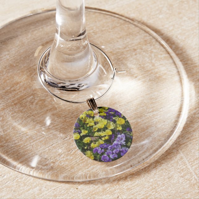 Hillside of Purple and Yellow Pansies Wine Glass Charm (In Situ)