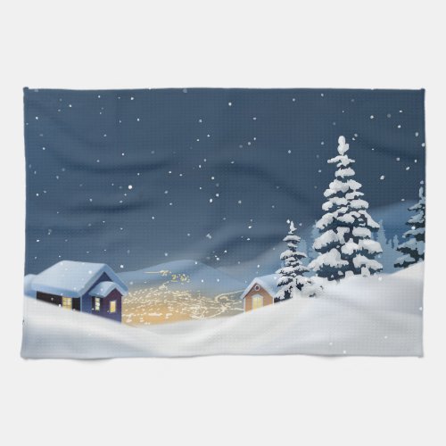 Hillside Snowy Christmas Scene home  pines  Kitchen Towel