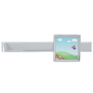 HILLSIDE WITH BUTTERFLY AND FLOWERS SILVER FINISH TIE CLIP