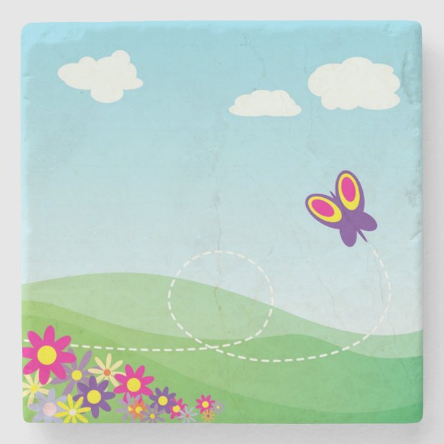 HILLSIDE WITH BUTTERFLY AND FLOWERS STONE COASTER (Front)