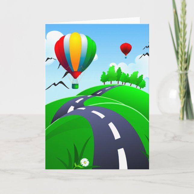 Hilly road with balloons, greeting card (Front)