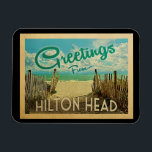 Hilton Head Beach Vintage Travel Magnet<br><div class="desc">This Greetings From Hilton Head vintage postcard design features a sandy beach with a beautiful turquoise ocean water and above the sea,  a blue sky with billowy white clouds. In vintage travels style.</div>