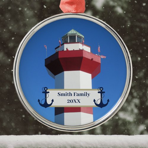 Hilton Head Harbour Town Lighthouse and Anchor Metal Ornament