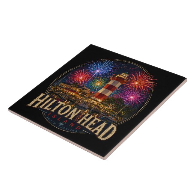 Hilton Head Island Lighthouse Patriotic Fireworks Ceramic Tile (Side)
