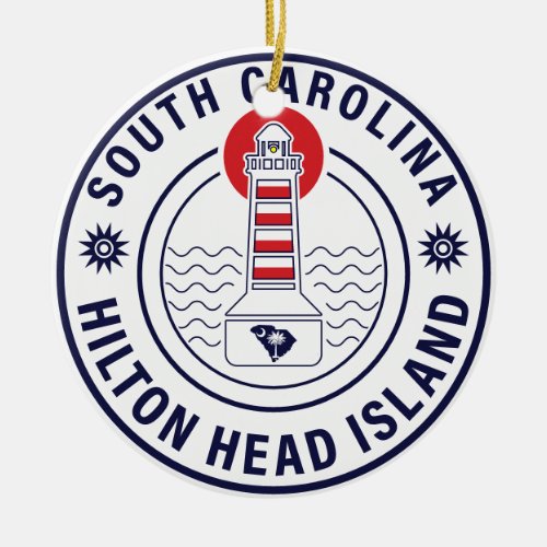 Hilton Head Island Lighthouse Retro Sunset Ceramic Ornament