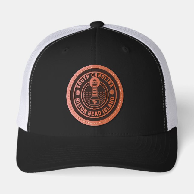 Hilton Head Island Lighthouse Retro Sunset Leather Patch Hat (Front)