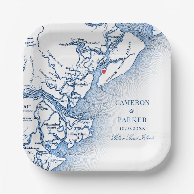 Hilton Head Island Map Wedding Paper Plates (Front)