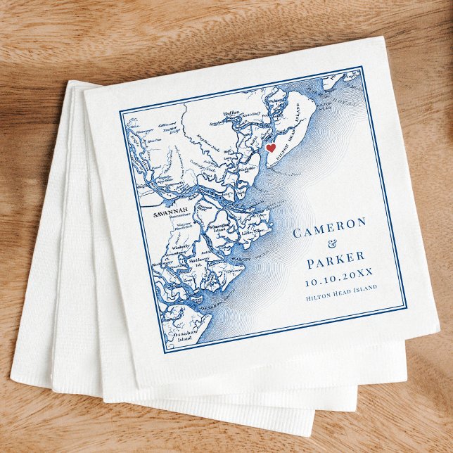 Hilton Head Island SC Map Elegant Navy Wedding Napkins (HIlton Head Island SC Wedding Napkins customized with couples names and date in elegant navy blue)
