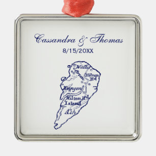 Hilton Head Island SC Vintage Map Navy Blue Metal Ornament