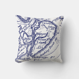Hilton Head Island SC Vintage Map Navy Blue Throw Pillow