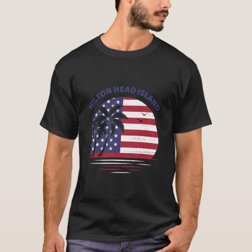Hilton Head Island Shirt American Flag Sunset Palm