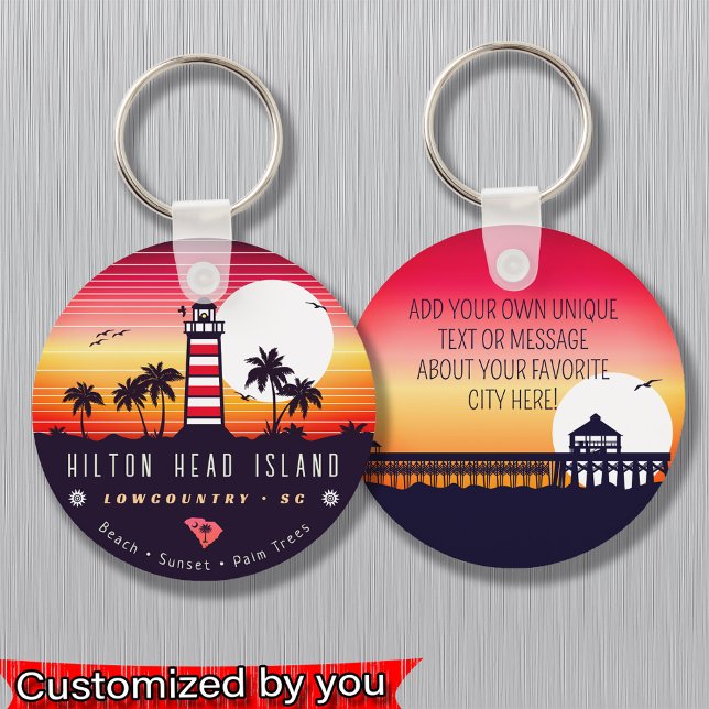 Hilton Head lighthouse SC Retro Sunset Souvenirs Keychain (Creator Uploaded)