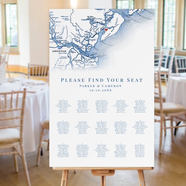 Hilton Head SC Map 15 Table Wedding Seating Chart Foam Board (Hilton Head Island SC map Wedding Seating Chart 15 tables 150 guests by Coastal Map Designs)