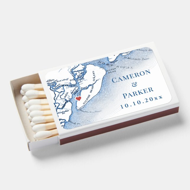 Hilton Head SC Map Elegant Navy Blue Wedding Matchboxes (Front Open)