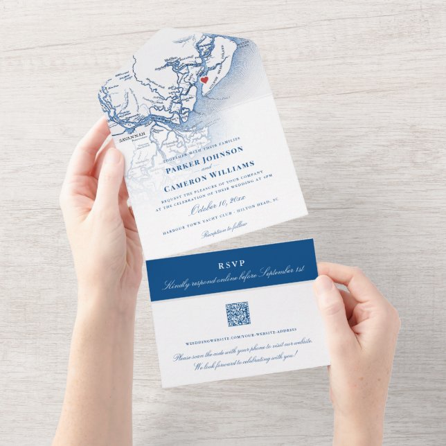 Hilton Head SC Map Elegant Navy Wedding All In One Invitation (Tearaway)