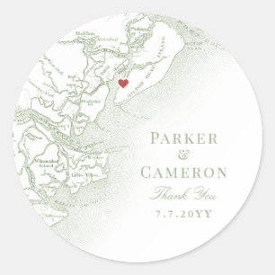 Hilton Head SC Map Elegant Sage Wedding Favor Classic Round Sticker