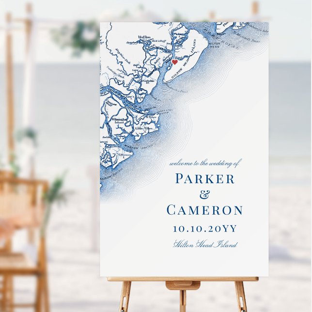 Hilton Head SC Map Navy Blue Wedding Welcome Sign (Hilton Head Island SC map Wedding Welcome Sign in elegant navy blue by Coastal Map Designs)